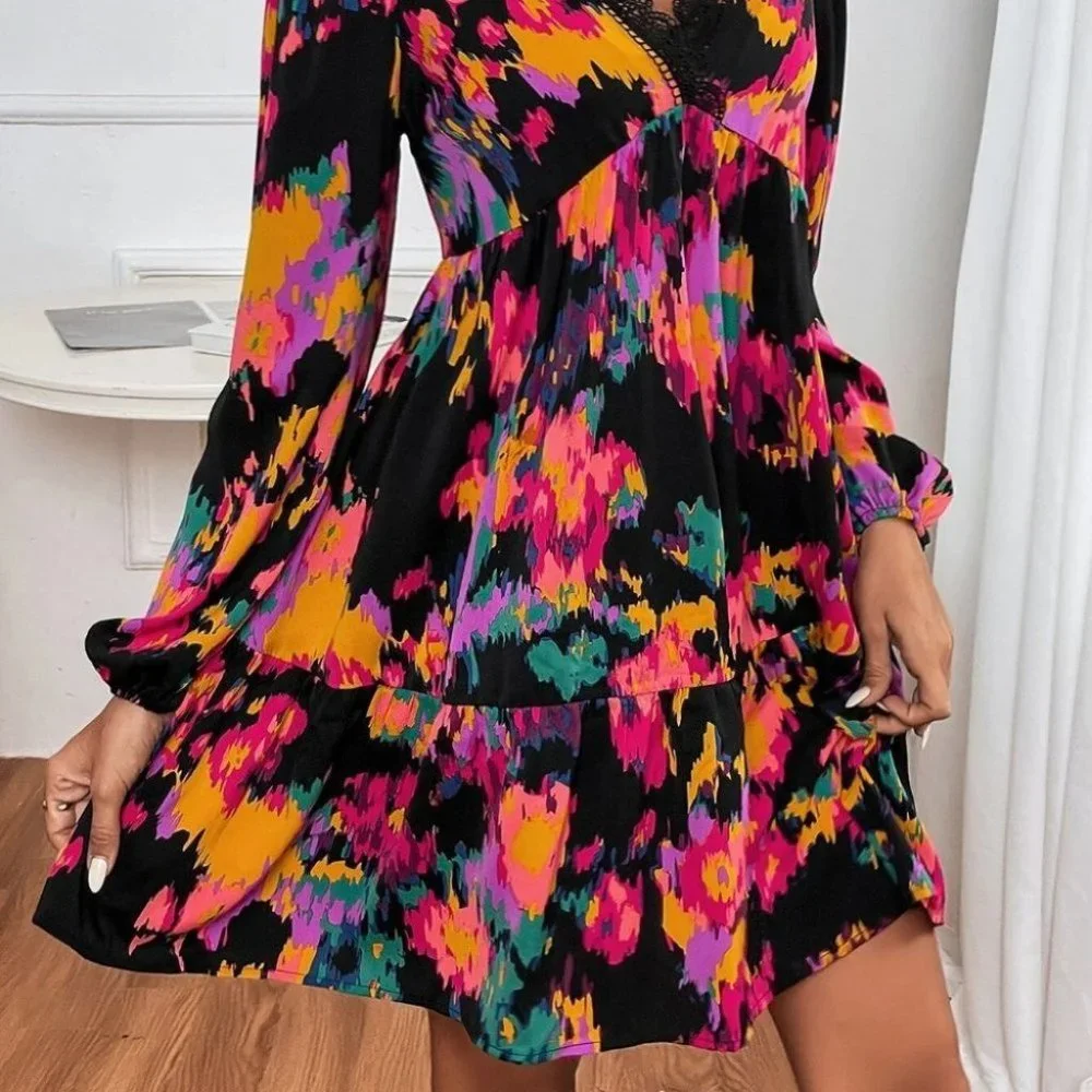 Allover Print Lace Trim Lantern Sleeve Ruffle Hem mini Dress - Picture 3 of 6